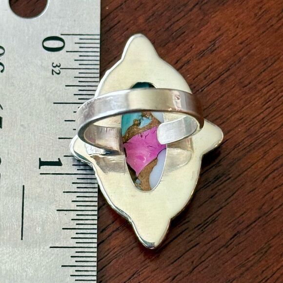 Unique Southwestern Cotton Candy Turquoise Oval Ring Sterling Silver Framed Sz 8 - Picture 6 of 7